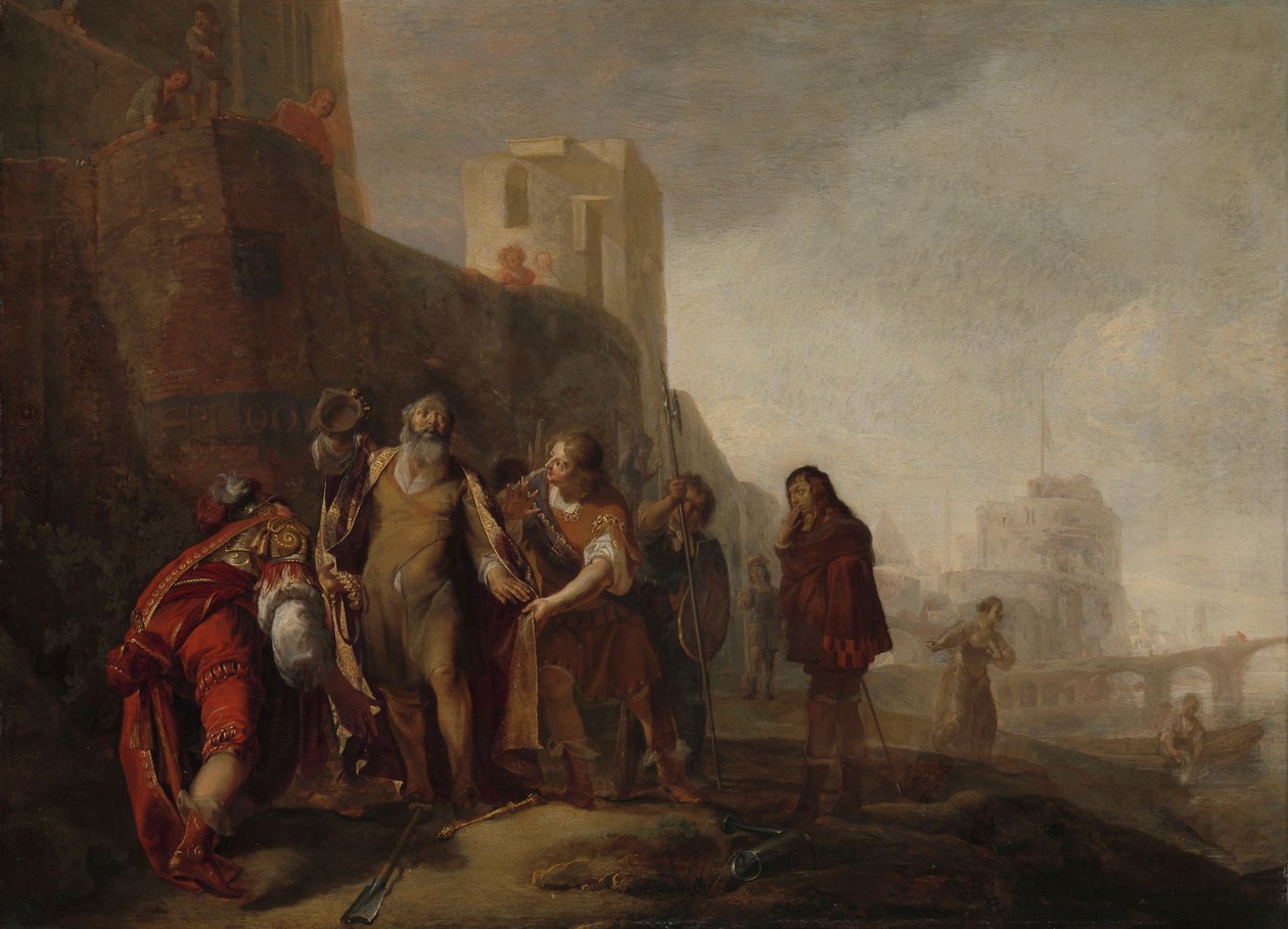 Os Legados de Alexandre o Grande Investidor o Jardineiro Abdalonymus com a Insígnia da Realeza de Sidon, c.1645-c.1650 (óleo sobre painel)0 de Nikolaus Knüpfer