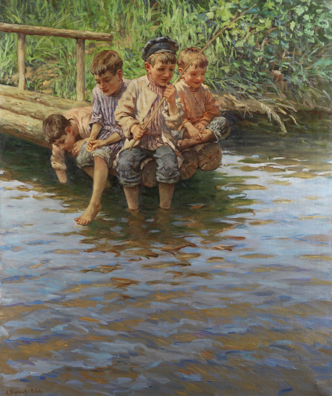 Quatro meninos, ligado, a, banco, jetty, enquanto, pesca de Nikolay Bogdanov Belsky