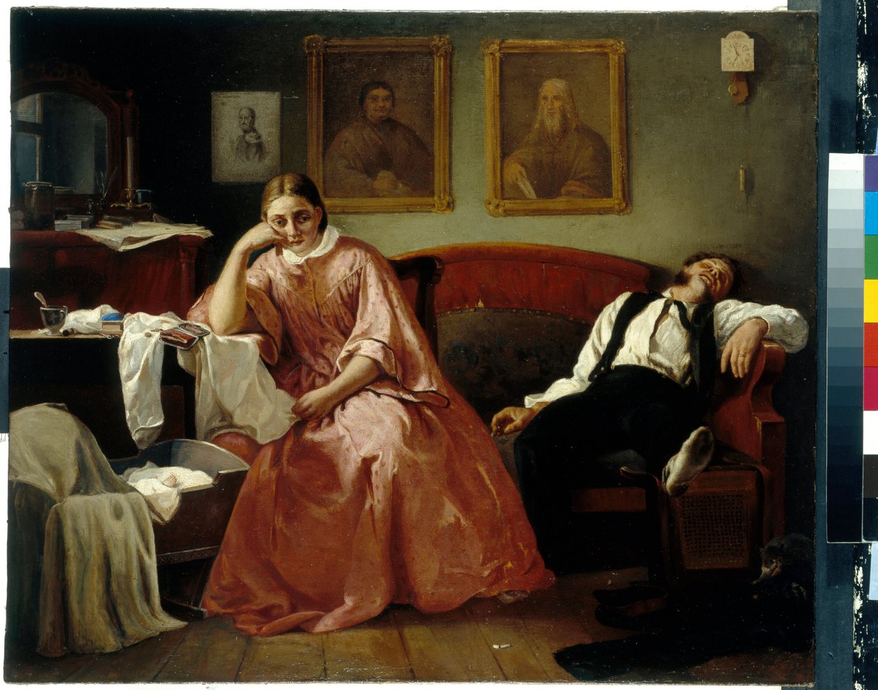 No primeiro dia do mês (cena da vida familiar, um jovem casal cansado de luto pelo berço da sua teia) - Pintura de Nikolai Andreyevich Koshelev (1840-1918), óleo sobre tela (61,4x73,6 cm) - Galeria Estadual Tretyakov, Mosco de Nikolay Andreyevich Koshelev