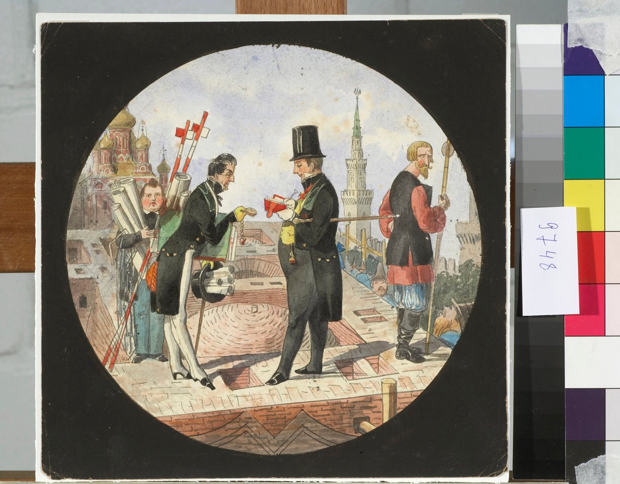 Barão Lev von Bode e arquiteto Nikolay Chichagov no canteiro de obras do Grande Palácio do Kremlin em Moscou - Obra de Nicolas Benois (1813-1898) de Nikolay Benois