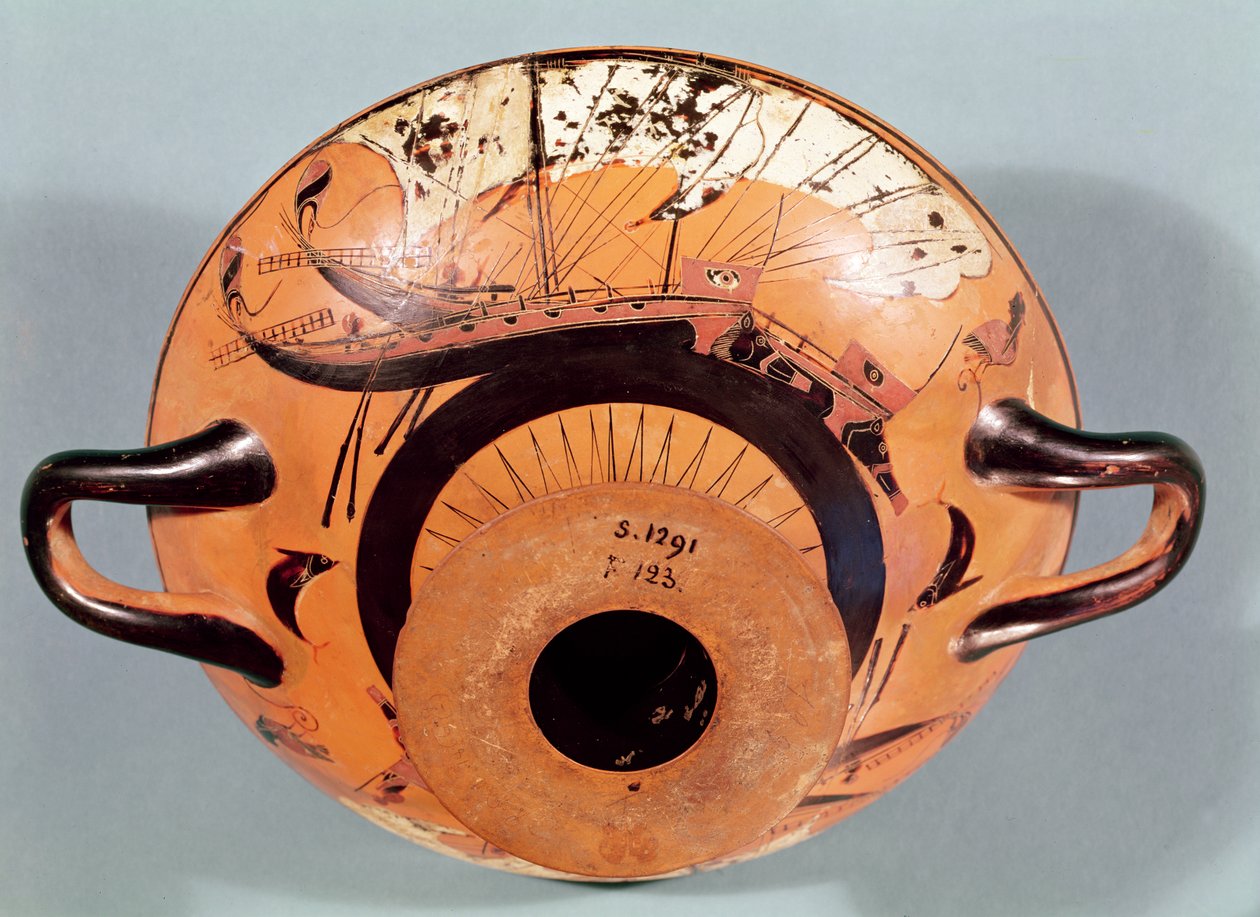 Copa ática de figuras negras representando navios gregos, c.520 aC (cerâmica) de Nikosthenes