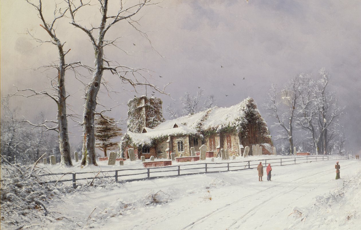 Cena de inverno com figuras em um caminho perto de uma igreja de Nils Hans Christiansen