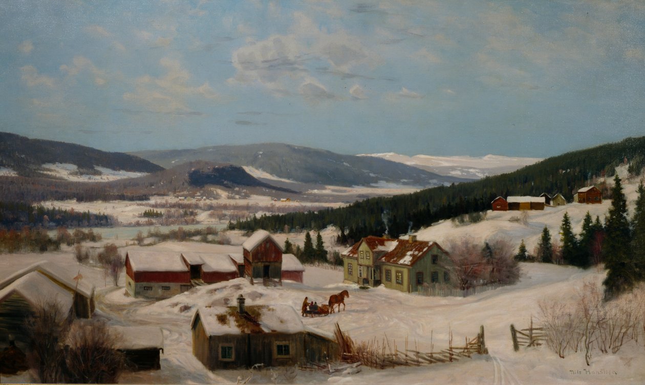 Fazenda em paisagem de inverno (óleo sobre tela) de Nils Hansteen