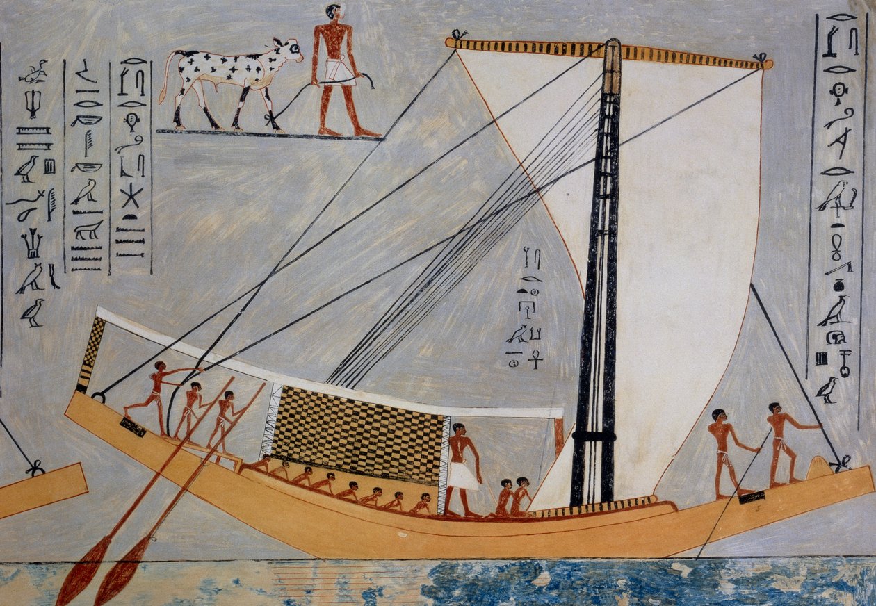 Barco à vela e remos, cópia de um fresco do Túmulo de Kaemronkh VI, Gizé, 4.ª Dinastia, placa de Ancient Egyptian Paintings, de Nina Davies de Nina de Garis Davies