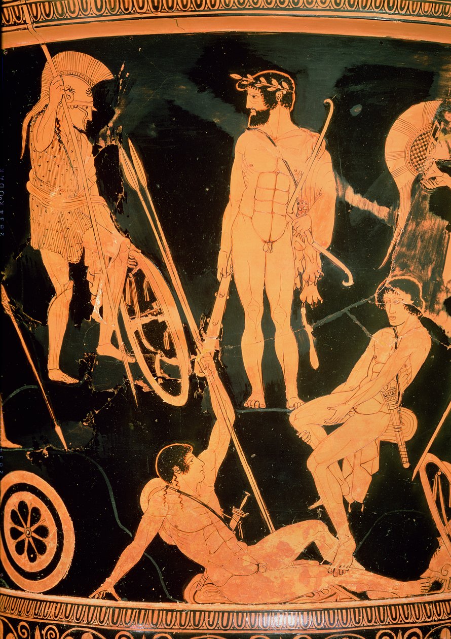 Herakles e heróis gregos, detalhe de um cálice ático de figura vermelha, c.490 aC (cerâmica) (ver também 92577 e 19106) de Niobid Painter