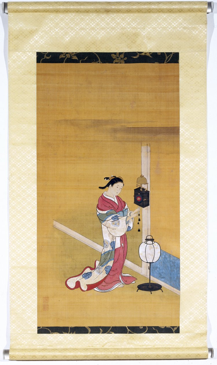 Mulher japonesa, enrolando, um, relógio de parede, Edo, período, (1600-1868), 1700-50, (painted, silk) de Nishikawa Sukenobu