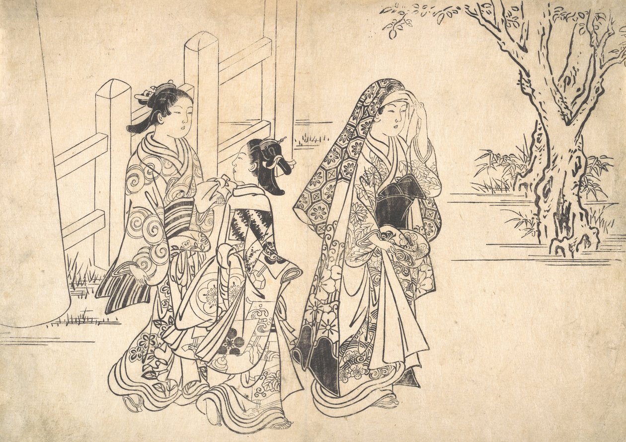 Uma cortesã seguida por duas atendentes, ca. 1690-1751. de Nishikawa Sukenobu