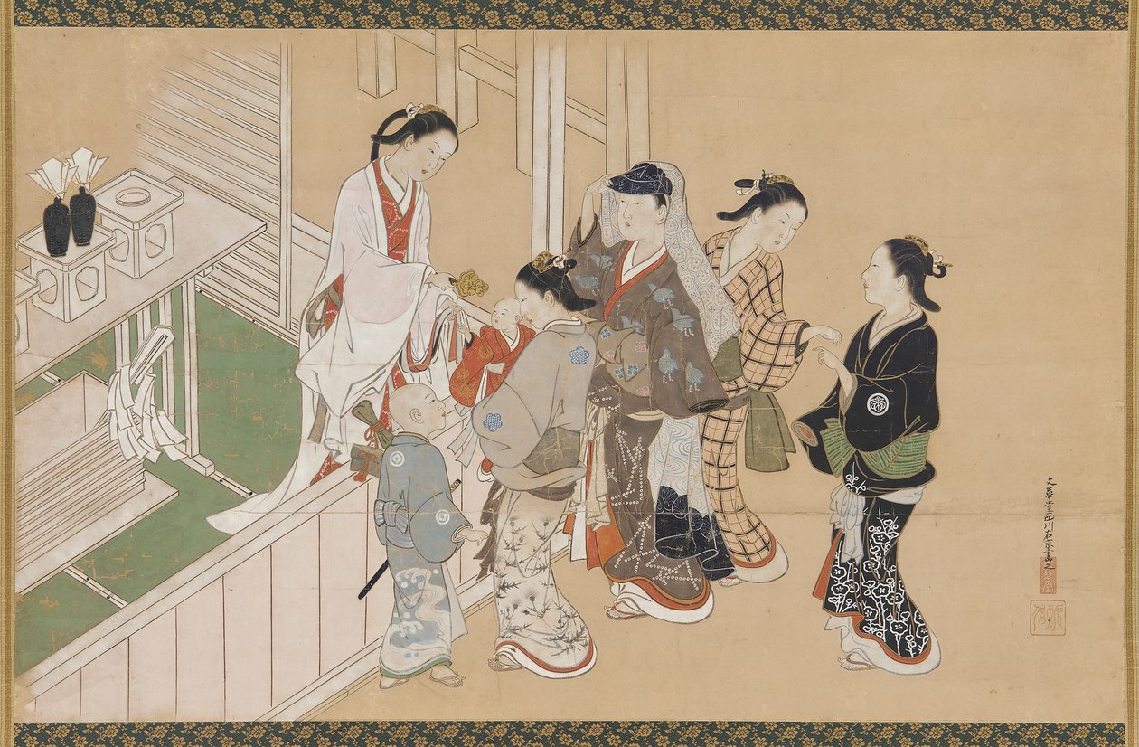 Primeira visita de uma criança a um santuário xintoísta, período Edo, final do século XVII e início do século XVIII. de Nishikawa Sukenobu