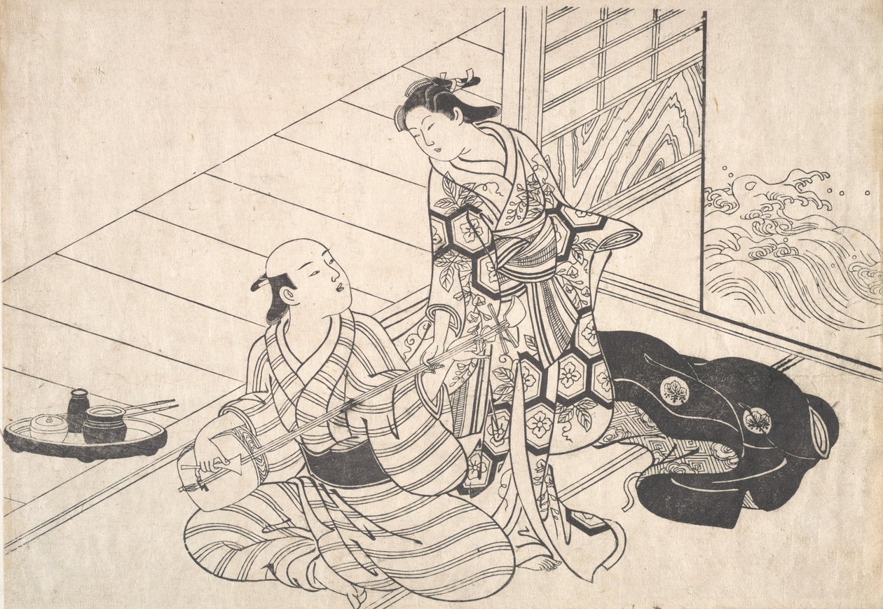 Lady interrompendo seu amante, que está jogando o Shamisen. de Nishikawa Sukenobu