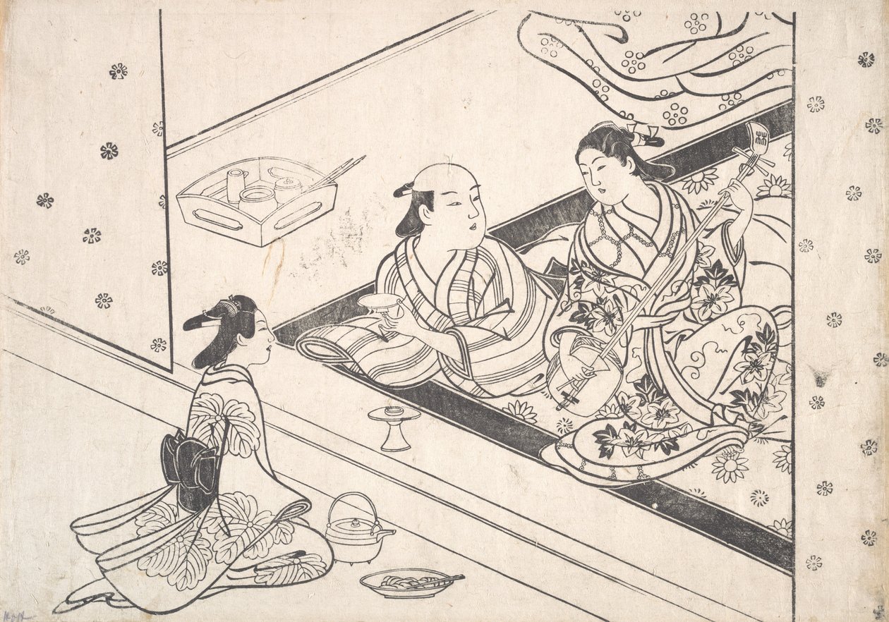 Lady jogando Shamisen, com seu amante e atendente nas proximidades. de Nishikawa Sukenobu