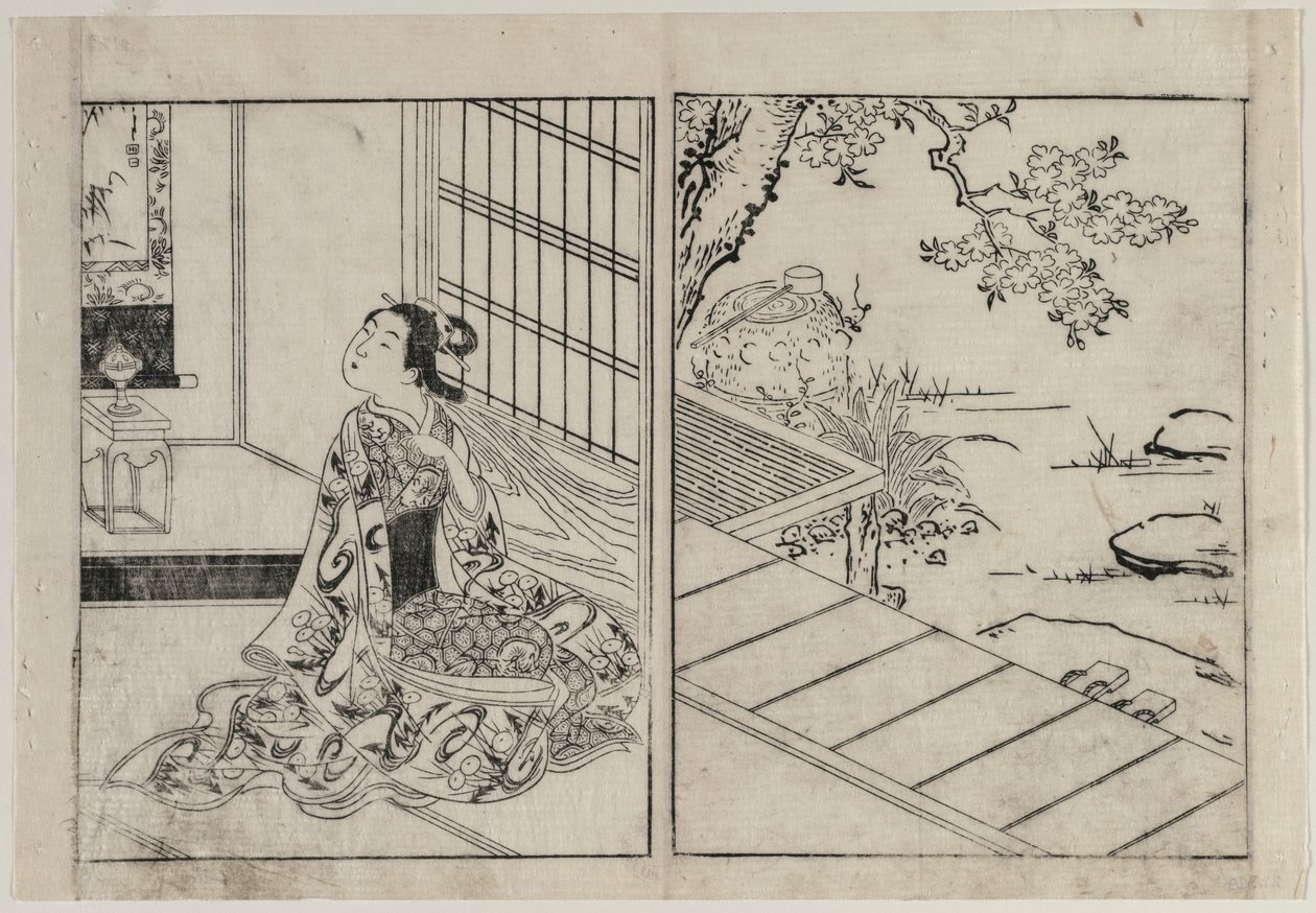 Mulher olhando um pergaminho pendurado, c. 1740s. de Nishikawa Sukenobu