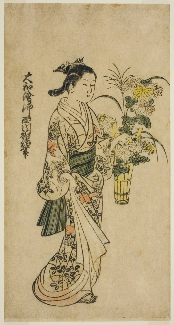 Jovem carregando um arranjo de flores de Nishikawa Sukenobu