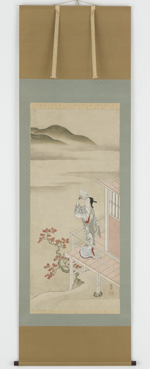 Mulher jovem, com, um, ventilador, ligado, um, varanda, admirar, maple, penduradas, scroll, 17th-18th, century, (ink, e, colour, on paper) de Nishikawa Sukenobu
