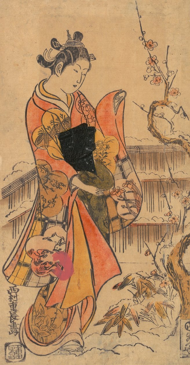 Uma jovem em um jardim. de Nishimura Shigenaga