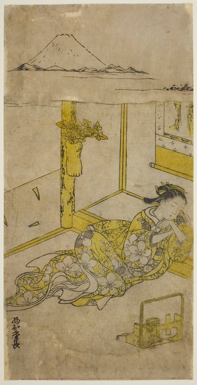 Mulher jovem dormindo com o Monte Fuji acima de Nishimura Shigenaga