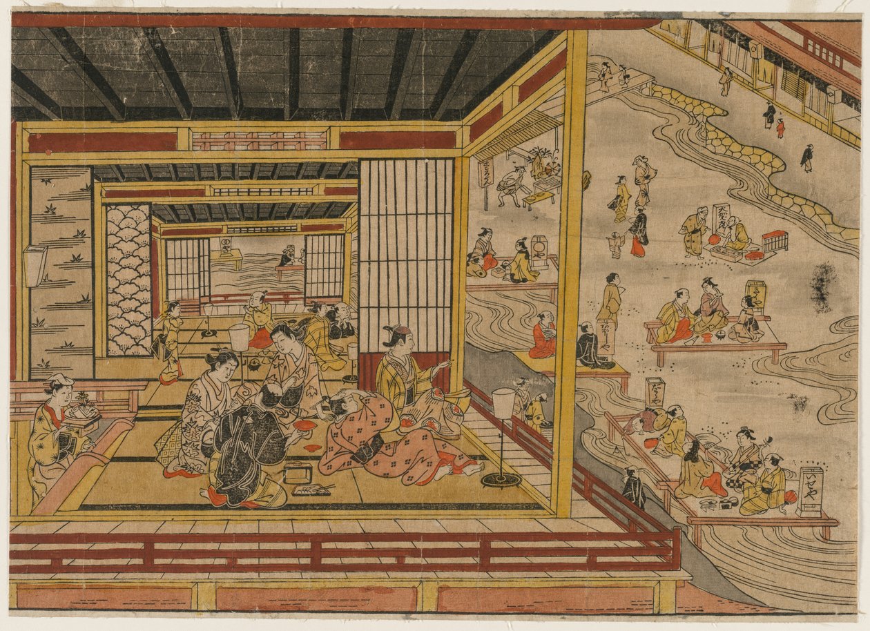 Casa de chá ao lado do rio Kamo em Kyoto, década de 1740. de Nishimura Shigenaga