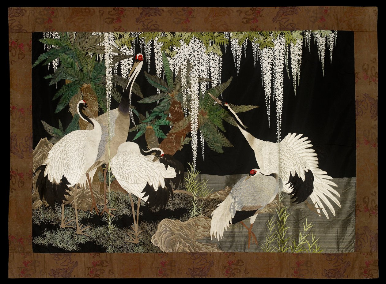 Guindastes, cicadáceas e glicínias, c1905 de Nishimura Sozaemon