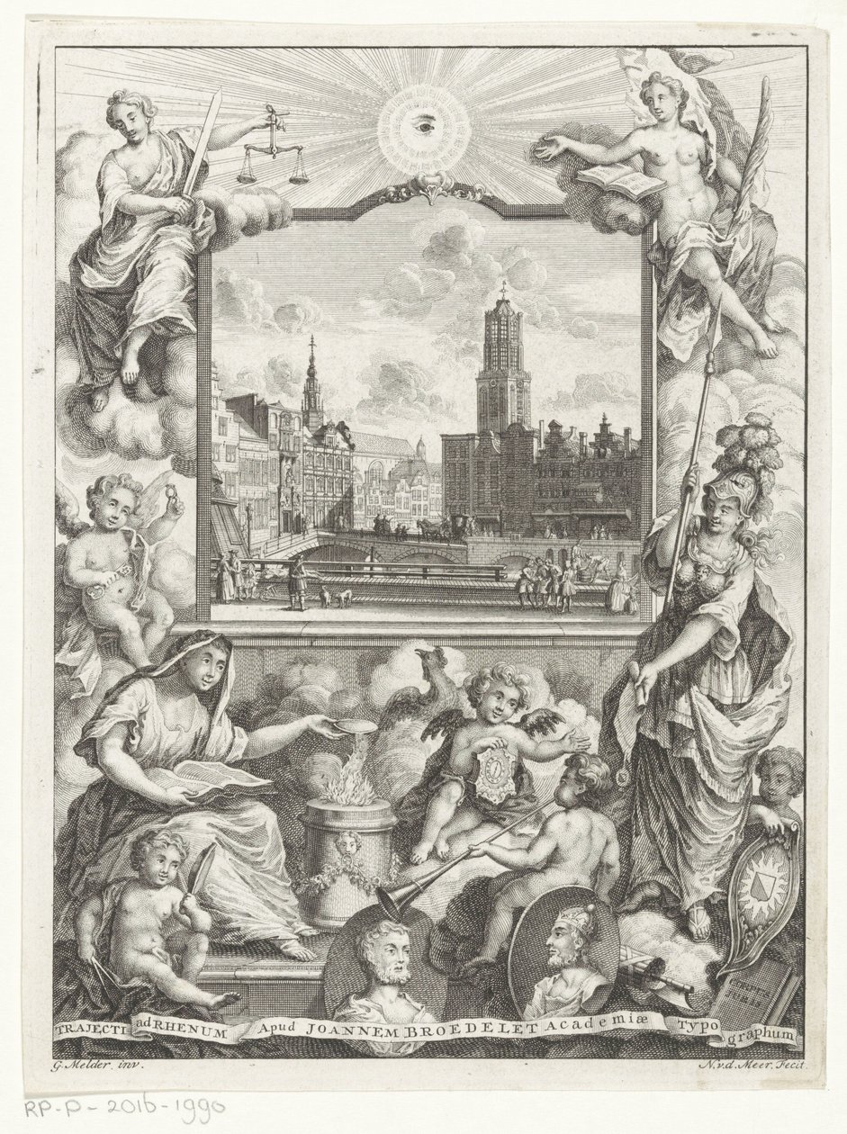 Stadsgezicht com Domkerk te Utrecht e alegoria com Utrechtse stedenmaagd Título da página: Elias de Vries, Dissertatio juridica, de jure naturale ac gentium, seu duobus prioribus juris fontibus, 1745. de Noach van der Meer (I)