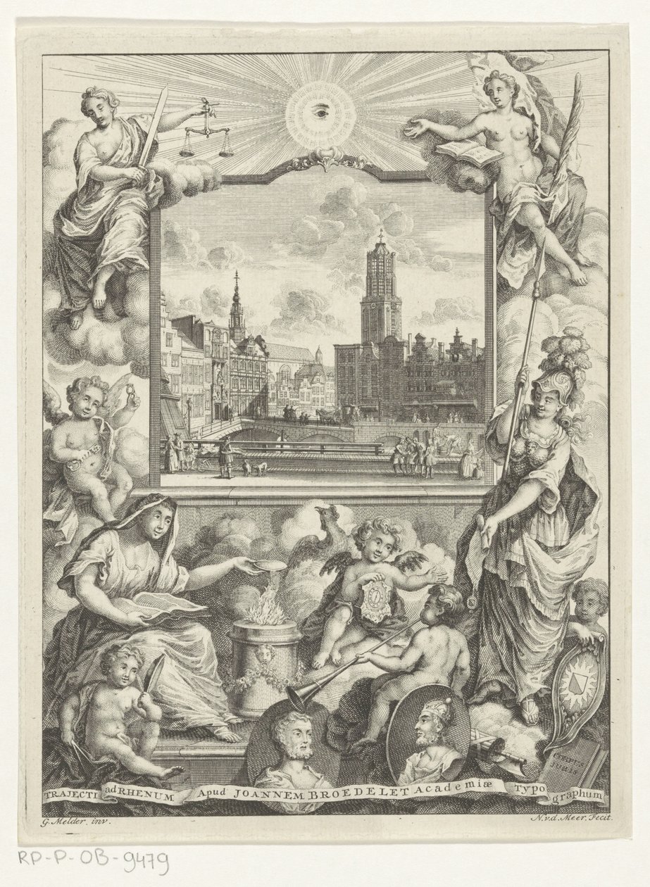 Stadsgezicht com Domkerk te Utrecht e alegoria com Utrechtse stedenmaagd Título da página: Elias de Vries, Dissertatio juridica, de jure naturale ac gentium, seu duobus prioribus juris fontibus, 1745. de Noach van der Meer (I)