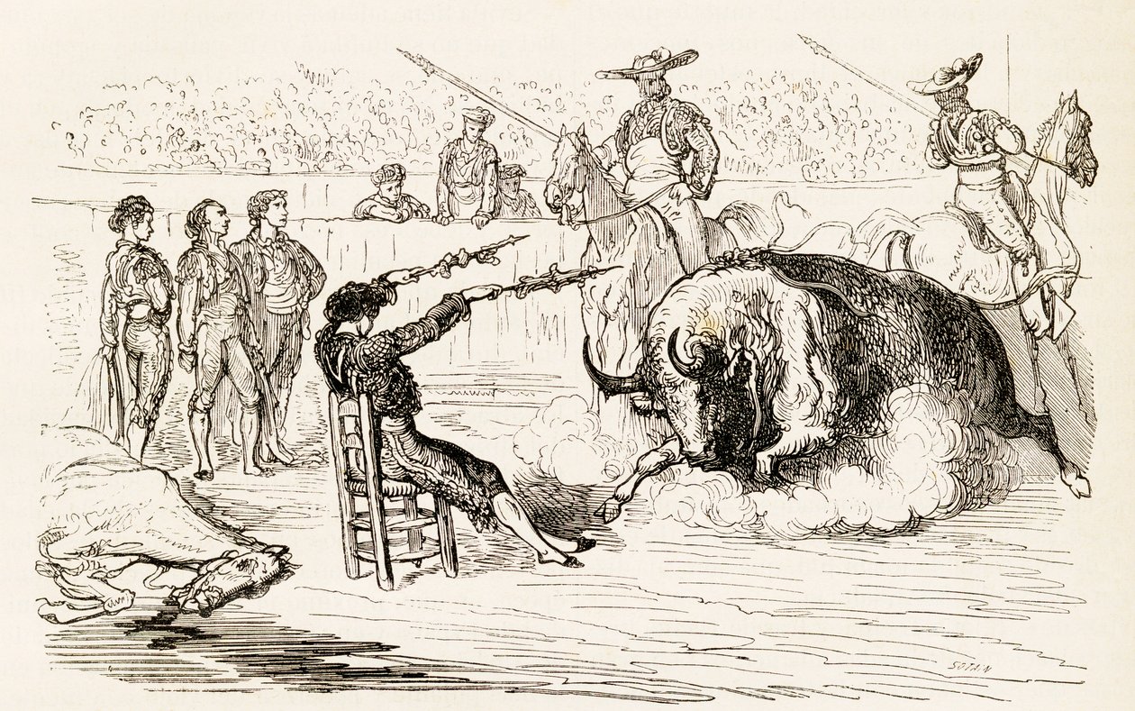 Um bandeirilhão espanhol colocando as Banderillas enquanto sentado em uma cadeira, 1878 (gravura em madeira) de Noel Eugene Sotain