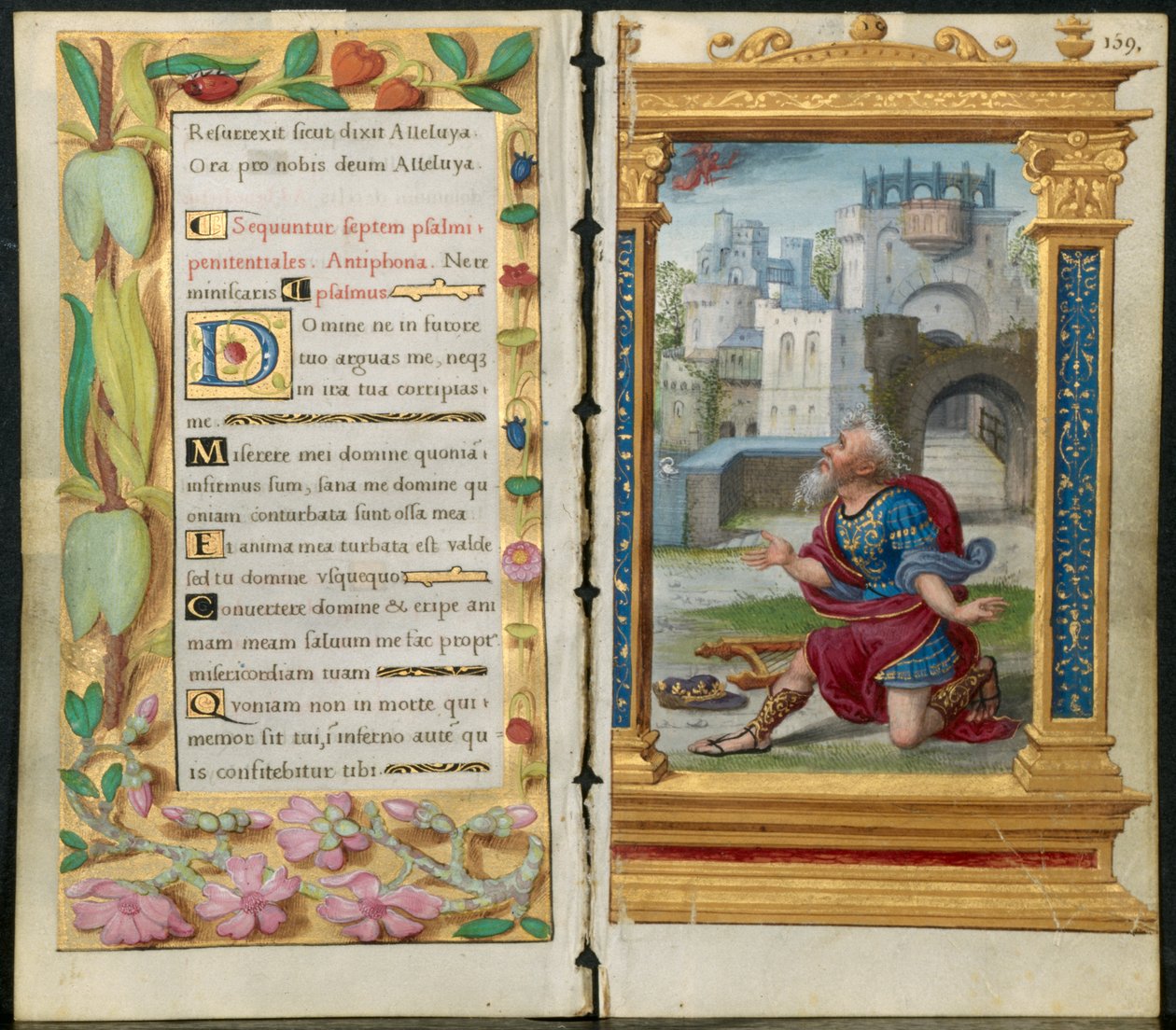 Folhas adjacentes de um livro de horas: Salmos penitenciais e rei Davi em oração ..., c. 1530-35. de Noel Bellemare