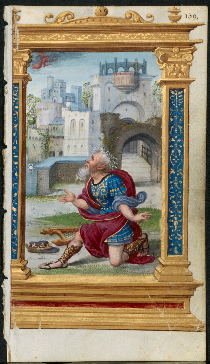 Folha de um livro de horas: Rei Davi na oração 2 de 3 folhas cortadas, c. 1530-35. de Noel Bellemare