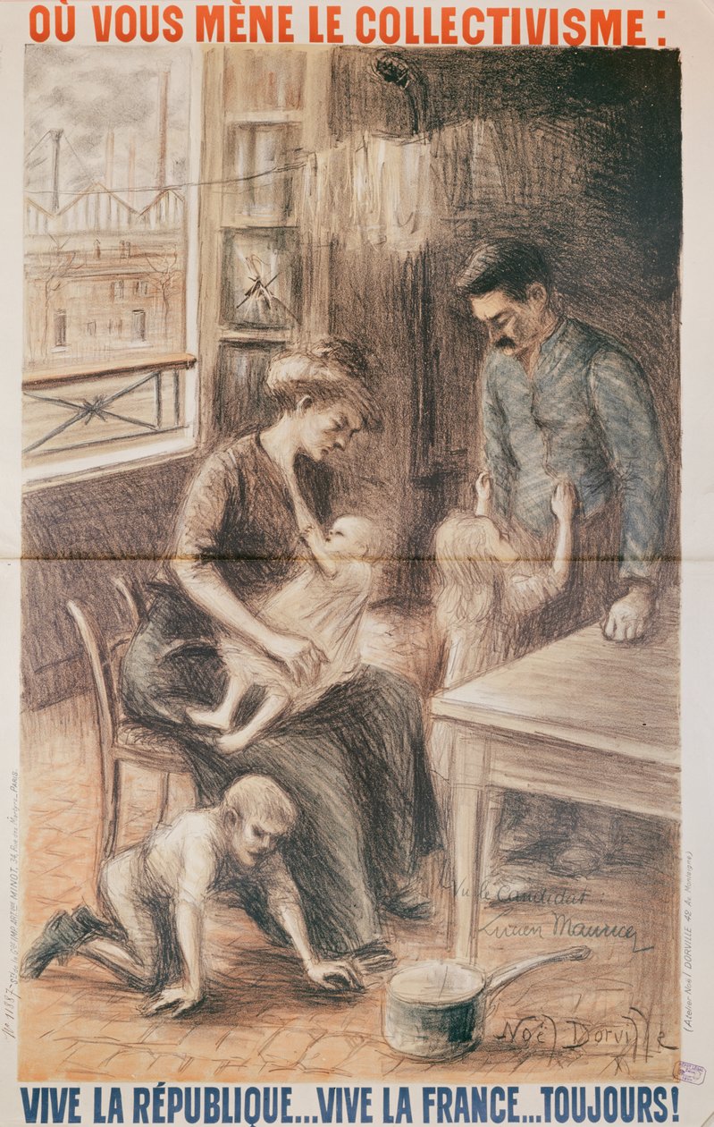 Uma casa de trabalhadores de fábrica, cartaz de eleição, litografia de cor de 1909 de Noel Dorville
