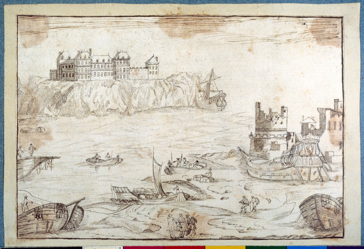 Um castelo sobrepondo falésias, com estudos de galeões e barcos de pesca (caneta e tinta castanha sobre papel) de Noel Gasselin