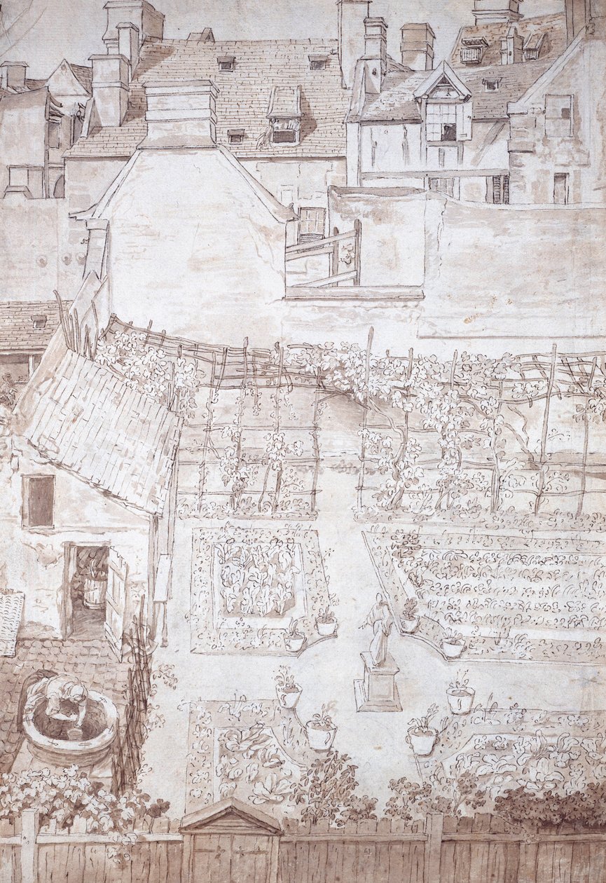 Um jardim de uma casa de cidade, com parterres e pérgula de videira, encerrado por edifícios, c.1677 (caneta e tinta castanha com lavagem castanha) de Noel Gasselin