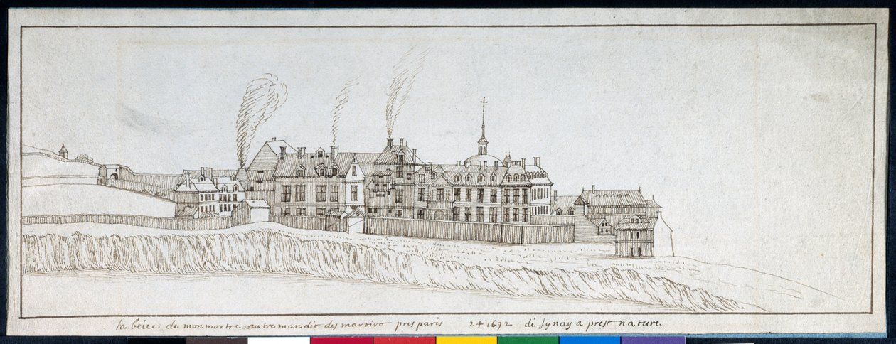 A Abadia de Montmartre, com chaminés a fumar (caneta e tinta sobre papel) de Noel Gasselin