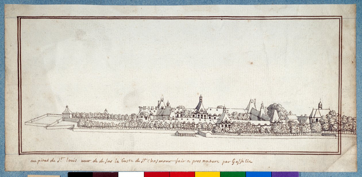 O Hospital de St. Louis (caneta e tinta com lavagem em papel) de Noel Gasselin