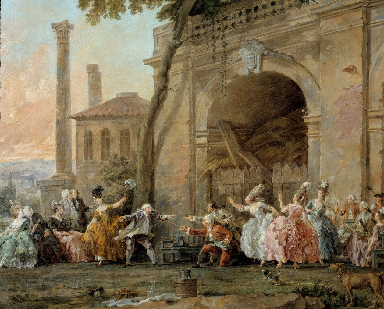 Colin-Aillard, detalhe dos jogadores de Colin-Aillard. Pintura por Halle de Natal (1711-1781), cerca de 1770-1780. Óleo sobre tela. Amiens, Musee De Picardie de Noel Halle
