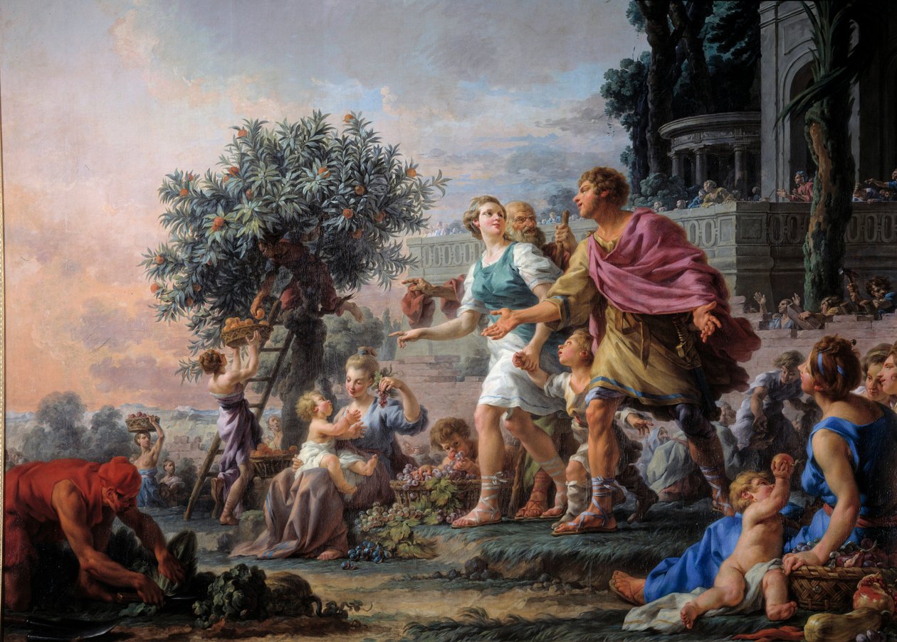 Liberalidade de Cimon, o Ateniense, convidando o povo a levar os frutos do seu jardim. Pintura por Halle de Natal (1711-1781) de Noel Halle