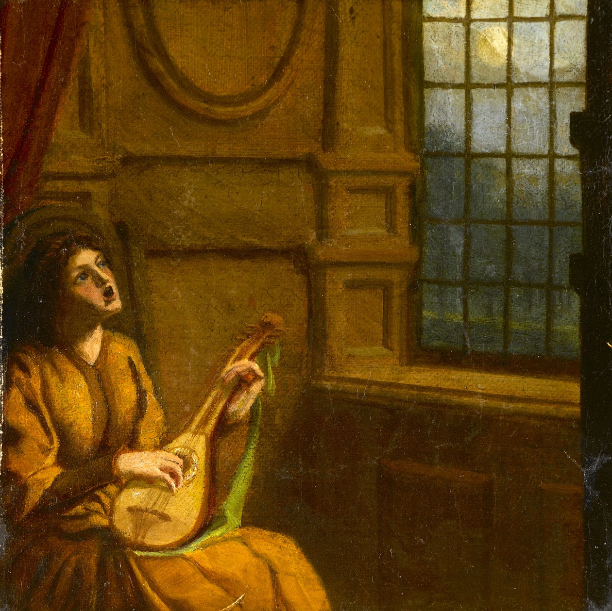 Rapariga a tocar alaúde junto à janela, c.1920 (aguarela sobre papel) de Noel Rooke