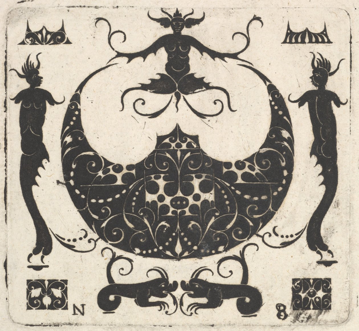 Anel em forma lunar e figuras grotescas, ca. 1620-30. de Noel Rouillard