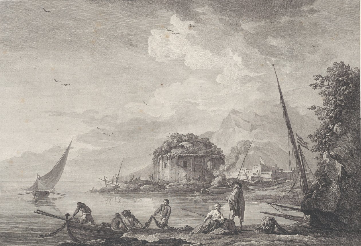 Vista das ruínas do Templo de Vênus na Ilha de Nisida Perto de Pouzzol no G..., 1761. de Noël Le Mire