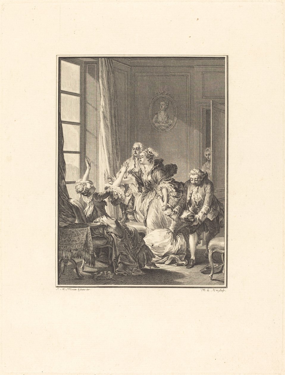 Julie desmaia em uma poltrona de Noël Le Mire after Jean Michel Moreau