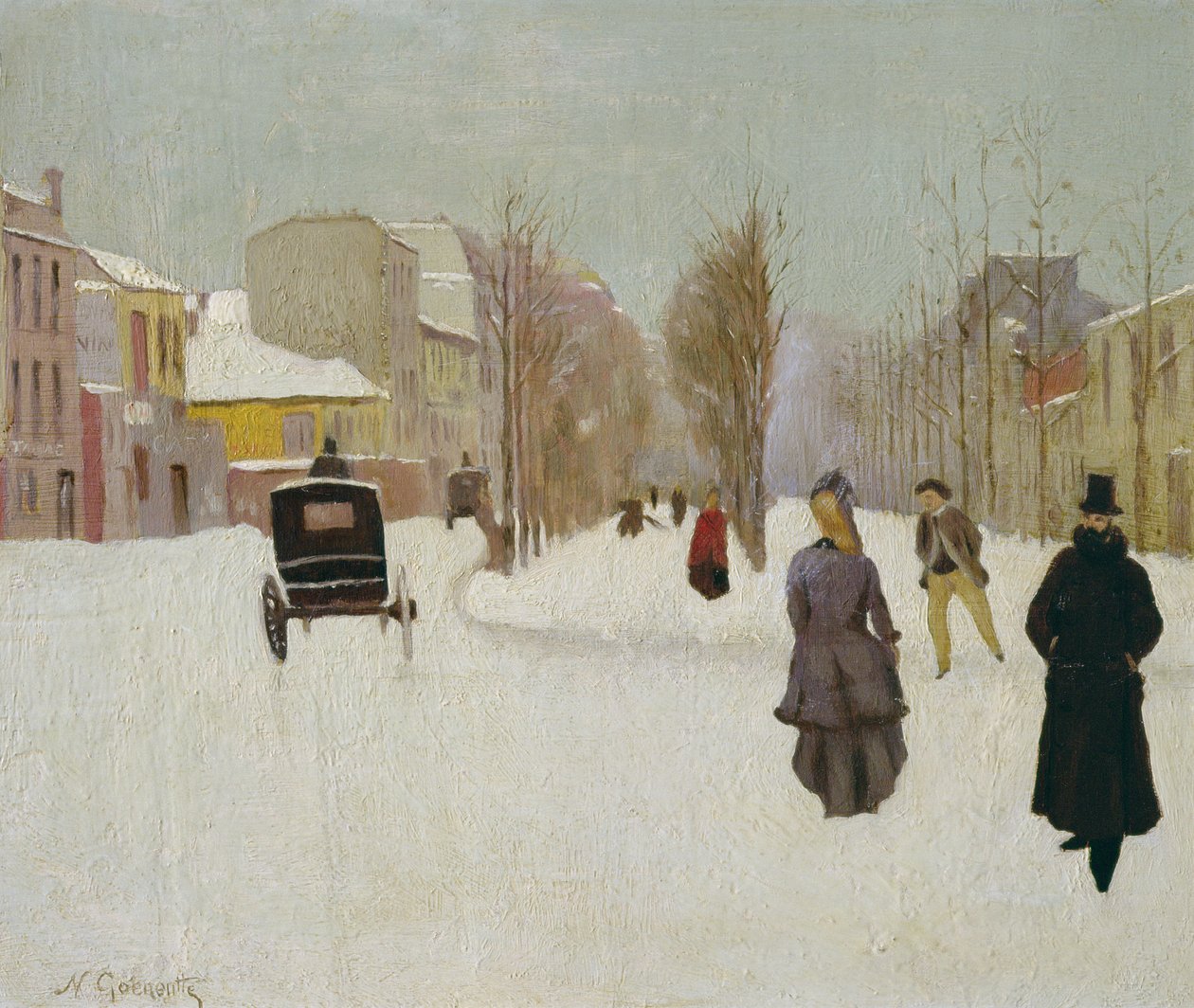 Cena de rua francesa com neve (óleo em metal) de Norbert Goeneutte