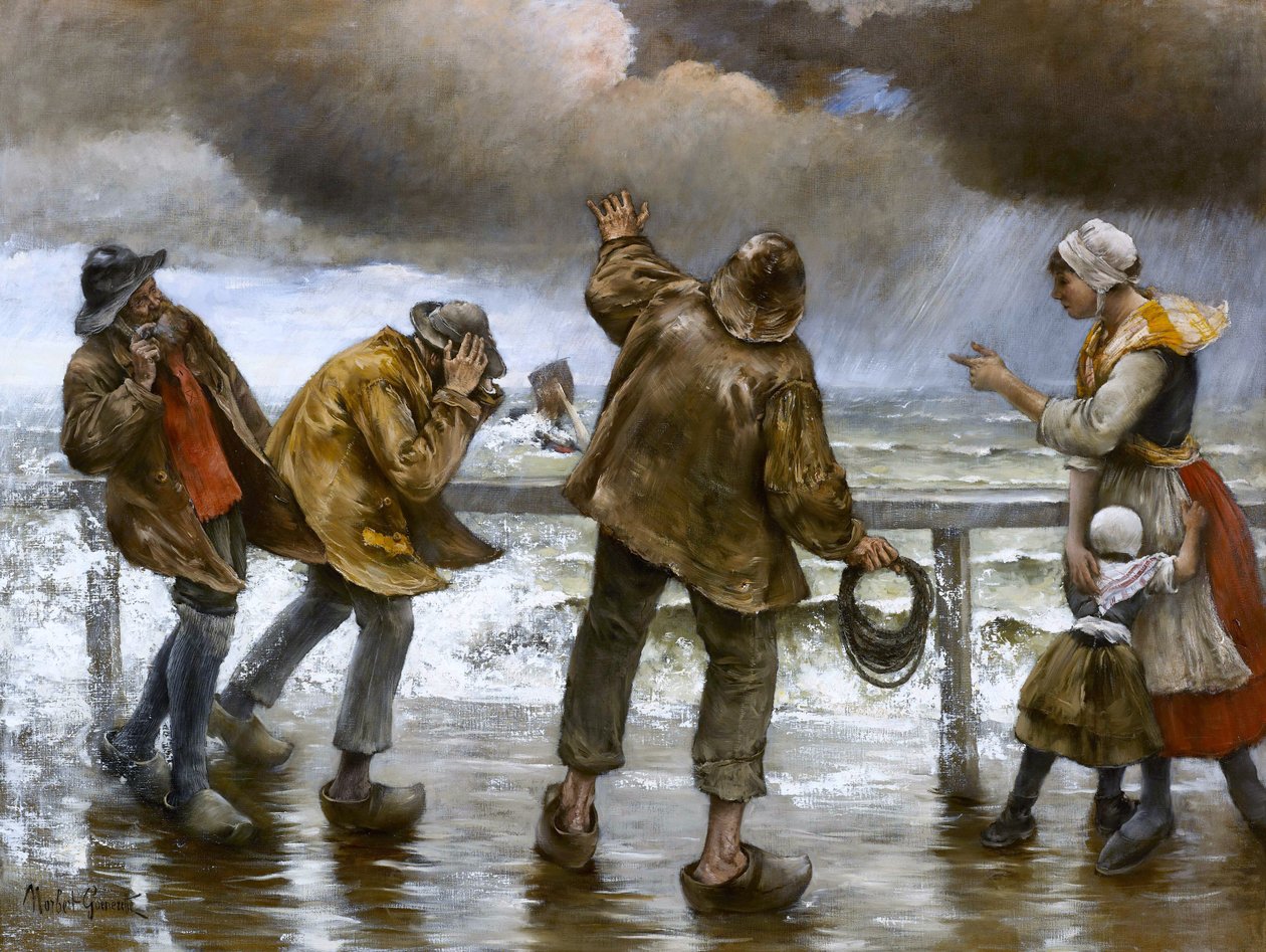 Aldeões no cais durante uma tempestade de Norbert Goeneutte