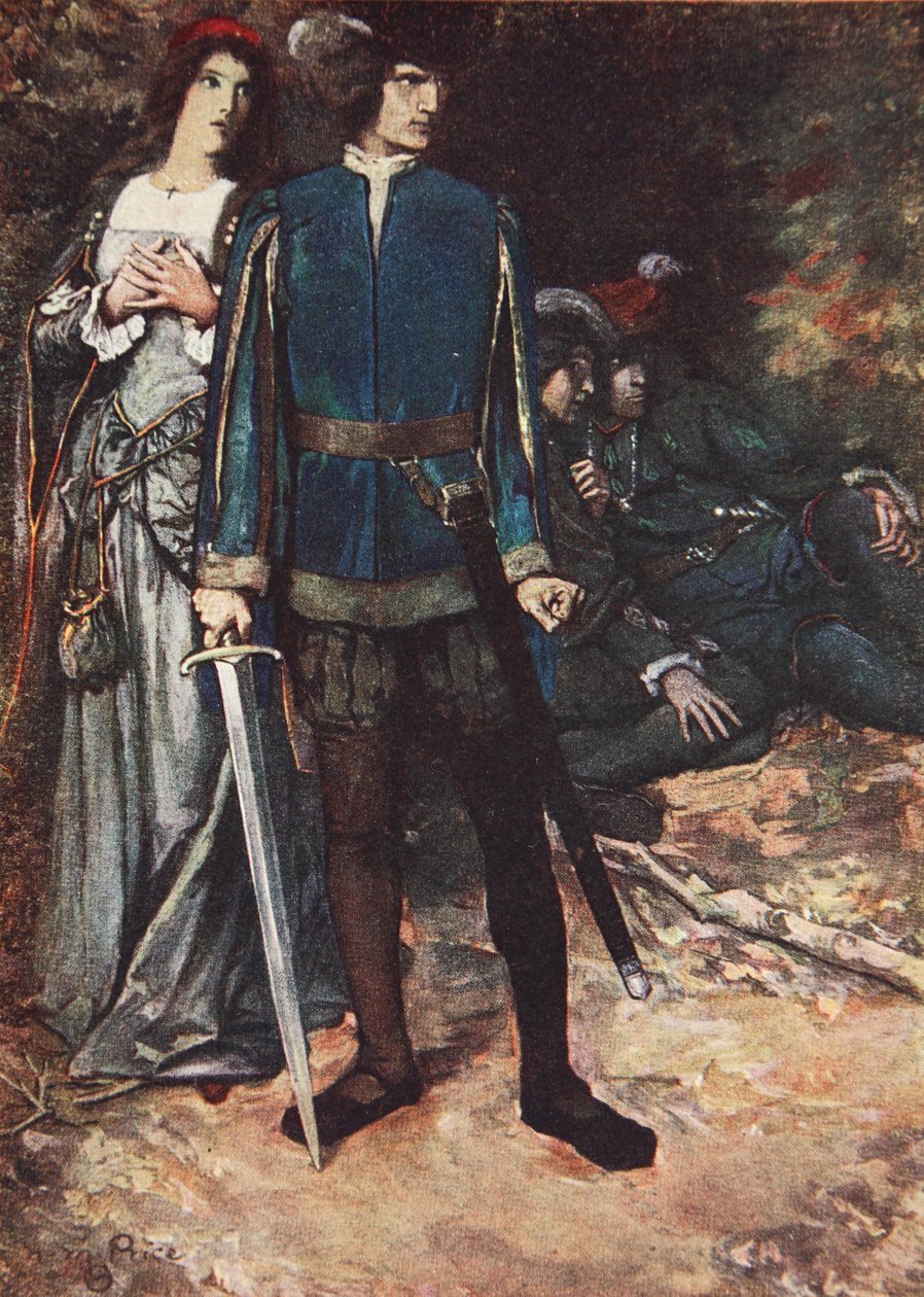 Desafio-te a respirar no meu amor, Dois Cavalheiros de Verona, Acto V Cena 4, ilustração de "Contos de Shakespeare" de Charles e Mary Lamb de Norman Mills (after) Price