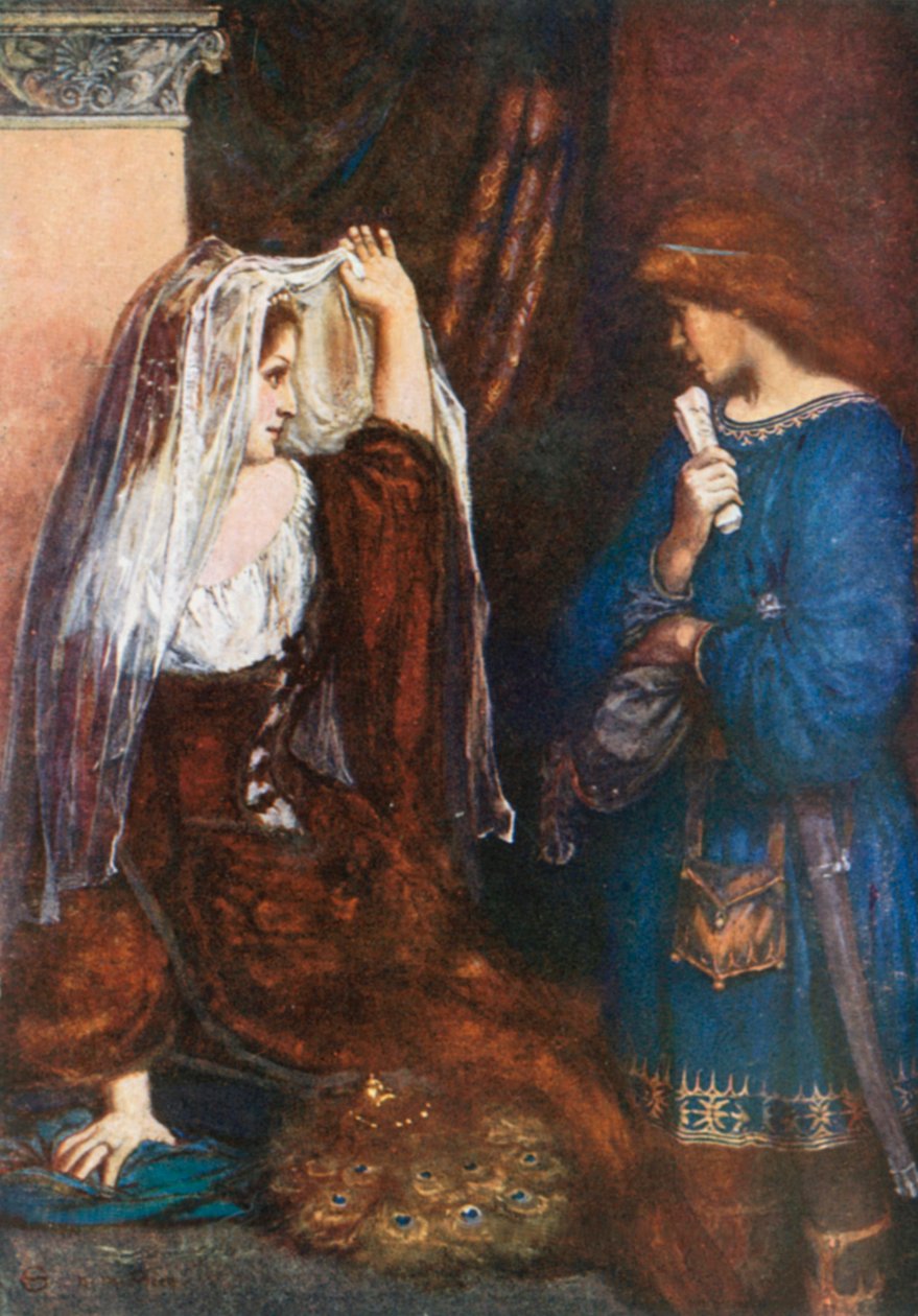 Olivia, "But we will Draw the Curtain and Show you the Picture". A Décima Segunda Noite - Ato I, Cena 5 (litografia a cores) de Norman Mills (after) Price