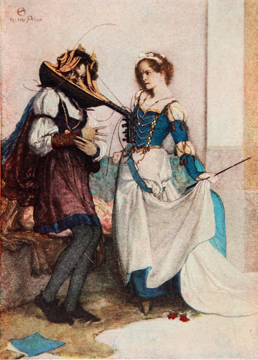 A gentil Catarina, A Domesticação da Musa, Acto II Cena 1, ilustração de "Contos de Shakespeare" de Charles e Mary Lamb de Norman Mills (after) Price
