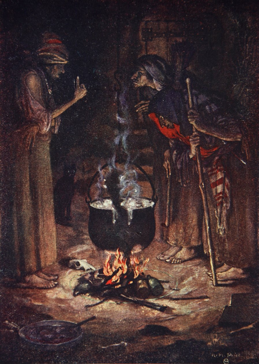 The Weird Sisters, Macbeth, Acto IV Cena 1, ilustração de "Contos de Shakespeare" de Charles e Mary Lamb de Norman Mills (after) Price