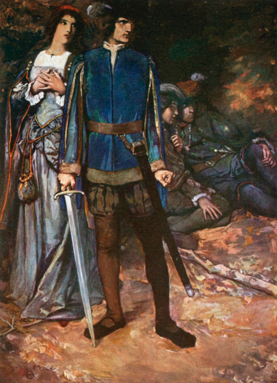 Valentine, "I Dare thee but to Breathe upon my Love". Dois Cavalheiros de Verona - Ato V, Cena 4 (litografia a cores) de Norman Mills (after) Price