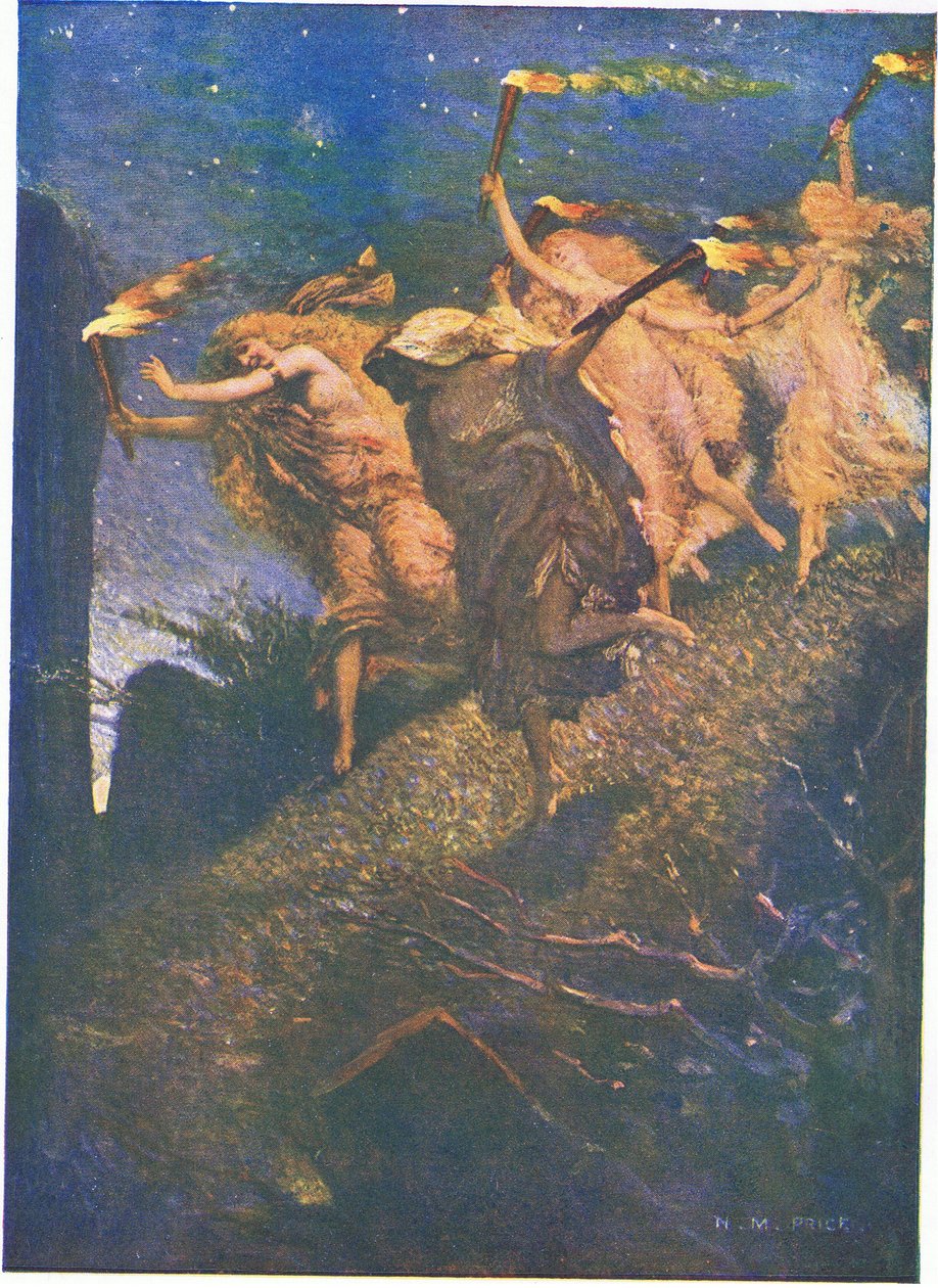 Primeira Noite de Walpurgis: "Através da escuridão chumbo e segue, Dentro e fora de cada buraco rochoso" (cor litho) de Norman Mills Price