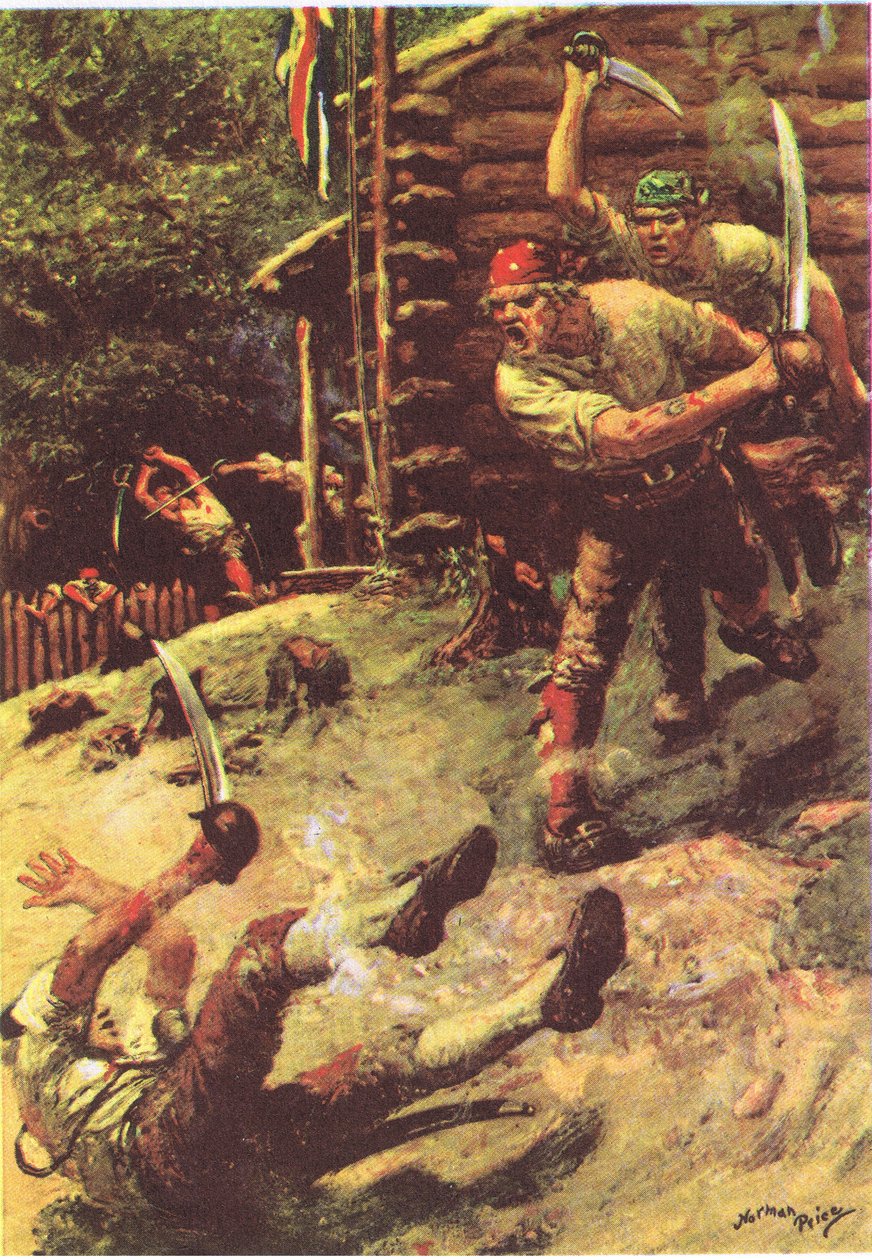 Tropecei e rolei de cabeça, da Ilha do Tesouro publicada por MacDonald 1947 (cor litho) de Norman Mills Price