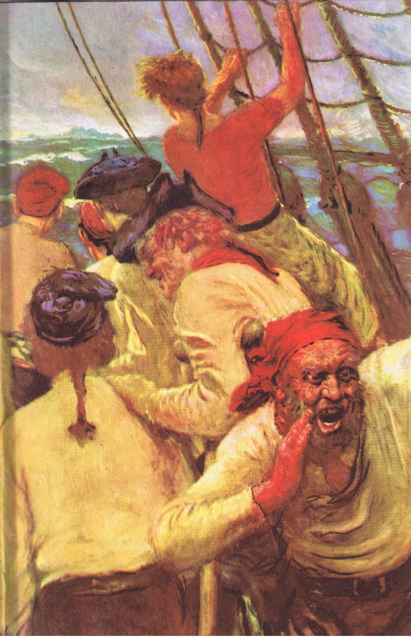 Desenho interior da capa, de Treasure Island publicado por MacDonald 1947 (cor litho) de Norman Mills Price