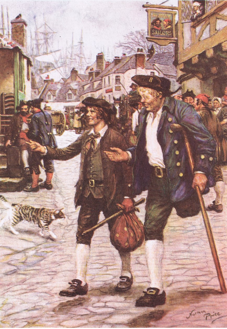 Jim e Long John Silver em Bristol, de Treasure Island publicado por MacDonald 1947 (lito colorido) de Norman Mills Price