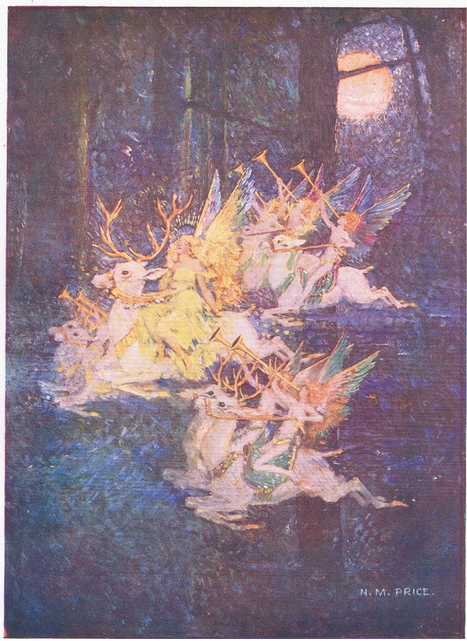 O Amor das Fadas: Através do bosque a lua estava de relance, lá vi os feiticeiros avançarem (cor litho) de Norman Mills Price