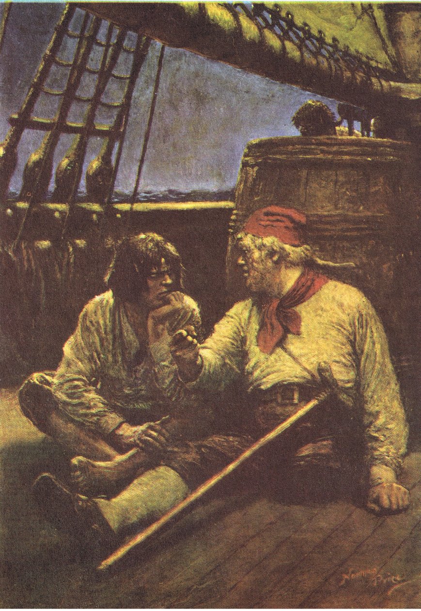 O barril tremeu enquanto ele encostava o ombro contra ele, de Treasure Island publicado por MacDonald 1947 (cor litho) de Norman Mills Price